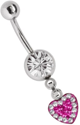 Piercing da Ombelico Spina Banana Zirconia Sfera E Multistrass Ciondolo a Cuore - Immagine 1 di 2