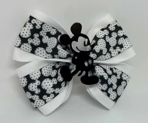 Girls Hair Bow 4" Wide Laser Cut Silhouette Mickey Mouse White Black Polka Dot - Picture 1 of 5