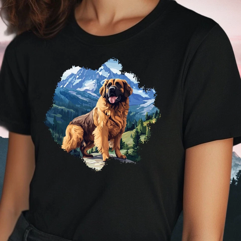 Frauen T-Shirt Leonberger Hund in Berglandschaft Motiv Baumwolle Größe S bis 3XL - Bild 1 von 1