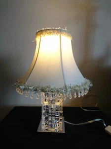 CRYSTAL GLASS CUBE/ICE CUBE&CHROME MODERNIST/MODERN TABLE LAMP&LINED SHADE - Picture 1 of 12