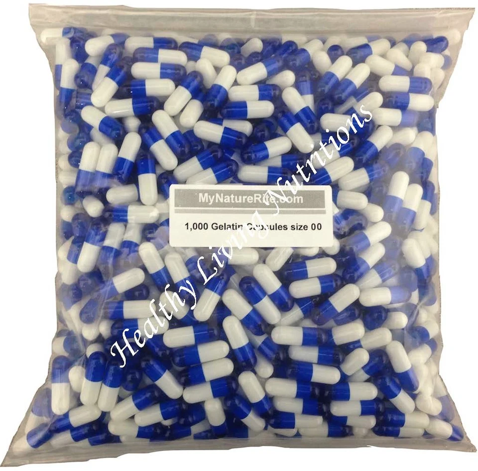 HEALTHY LIVING NUTRITIONS 1000 EMPTY GELATIN CAPSULES ~ SIZE 00 ~ Colored White/Dark Blue Kosher gel caps