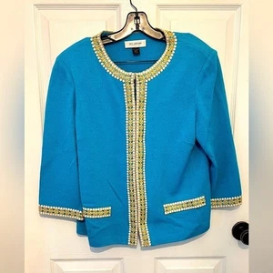 ST. JOHN Damen Blazer Jacke blau Wollmischung Strick verziert Perlenbesatz - Bild 1 von 4