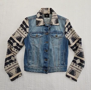 BDG Women's Denim Jean Jacket Small Petite Southwestern Aztec Tapestry Sleeves - Picture 1 of 14
