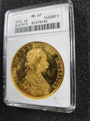 🌟 1915 Austria 4 Ducat Restrike Gold Coin ANACS MS67 SOAPBOX (0.4436 oz AGW) - Image 1 of 2