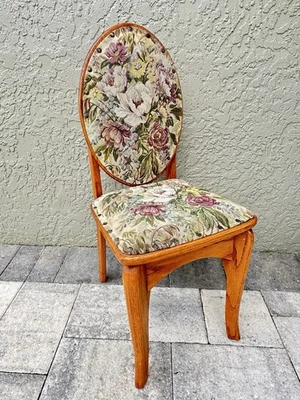 Vintage 1993 Solid Oak Vanity Chair With Floral Tapestry Cushioned Back/Seat  - Image 1 of 4
