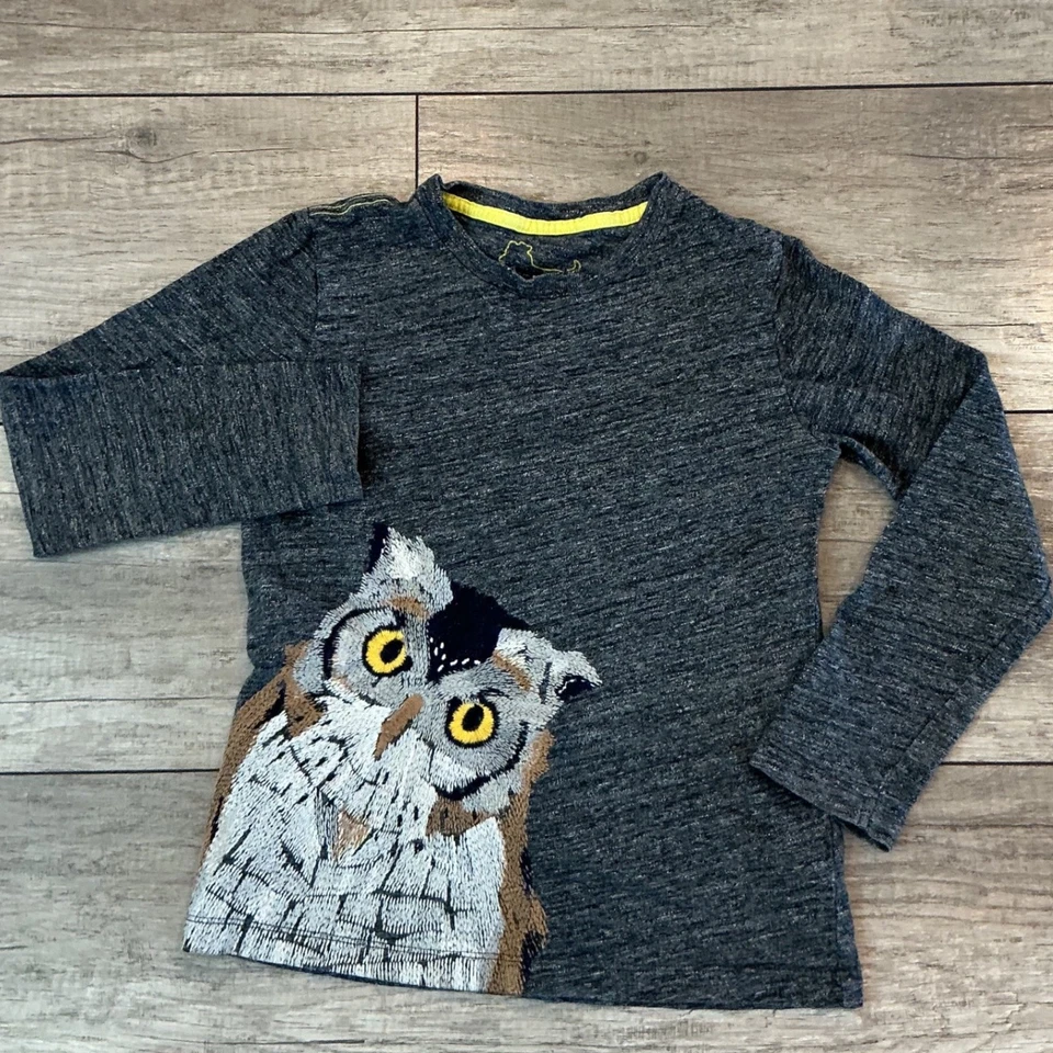 Mini Boden Boys Gray Long Sleeve Owl Embroidered T-Shirt Top Size xs - Image 1 of 4