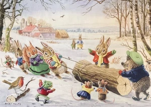 Vintage Nostalgic Christmas Card ~ Rabbits ~ A Log for Christmas ~ Yule ~ Single - Picture 1 of 2