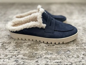 Vionic Uptown Shearling Mules Womens Size 9 Navy Blue Suede Slides Clogs Cozy - Picture 1 of 8