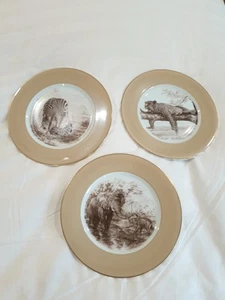 3 Limoges France Salad/Dessert Plates Wild African Animals Beige/White/Gold Rim - Picture 1 of 21