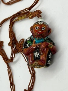 Vintage RARE Les Bernard Cloisonné Monkey eating a Strawberry Pendant Necklace - Picture 1 of 15