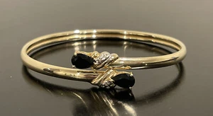 14K Solid Yellow Gold Bangle Bracelet with Center Black Gemstones Weight 7.3g - Picture 1 of 5