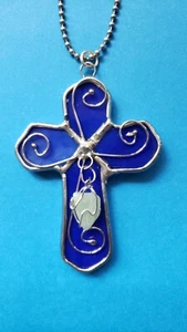 Blue Stained Glass Cross Suncatcher w Green Aventurine Charm Car Charm NEW - Picture 1 of 4