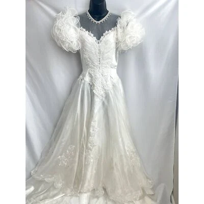 Vintage Victorian Embroidered Beaded Lace Wedding Dress Long Train Unique Sz 2/4 - Image 1 of 4