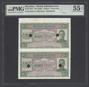 Mauritius Uncut Pair One Rupee ND(1940) P26r1 Proof About Uncirculated Top Pop - Picture 1 of 2