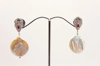 ORECCHINI ARGENTO PERLE BAROCCHE COLTIVATE ZIRCONI BIANCHI E RUBINI PENDENTI - Immagine 1 di 4