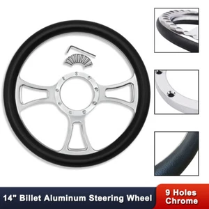 Chrome 14" Trinity Style Billet Aluminum Steering Wheel 9 Holes Black Half Wrap - Picture 1 of 7