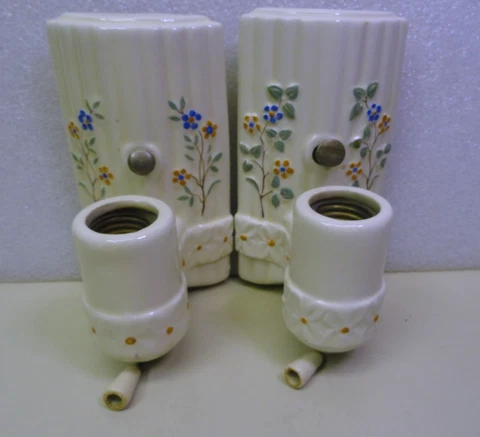 Pair of Vintage Porcelain Wall Sconces w/ Plug-In - Floral Design Cover