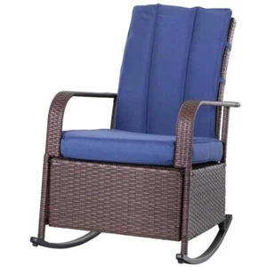 Outsunny Rocking Chair 34.7"x24.8"X33" Brown Wicker Outdoor w/Navy Blue Cushion - Picture 1 of 3