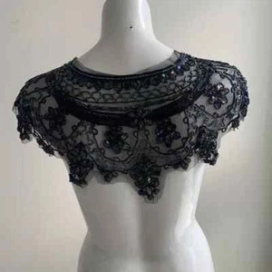 Vintage Black Beaded Sequin Shawl Wrap Burlesque Flapper Sharmark - Picture 1 of 7