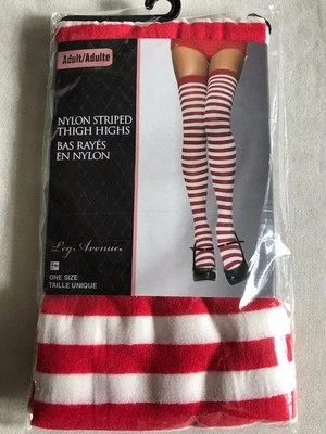 LEG AVENUE PC6005~ALTOS MUSLOS A RAYAS DE NAILON ADULTO~ROJO Y BLANCO~TALLA ÚNICA~NUEVO Foto 1 de 4
