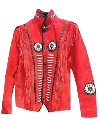 Mens Western Jacket Suede Indo-American Cowboy Fringes Red Indian Riding Jacket - Image 1 of 2