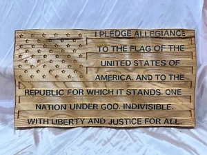 Handmade USA Pledge Of Allegiance Wavy Wooden American Flag, 19" x 10" - Picture 1 of 4