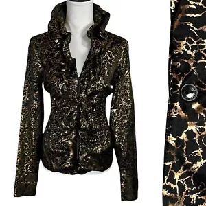 NWT Samuel Dong Silk Blend Ruffle Jacket Size S Black Metallic Gold Wire Collar - Picture 1 of 19