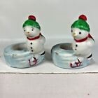 2 Jasco Snowman Candle Huggers Bisque Porcelain Skating Winter Holiday Vintage