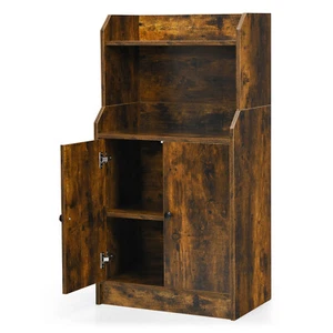 Freestanding 2 Tier Bookshelf w/2 Doors and Open Shelves Display Shelf Rustic - Picture 1 of 9