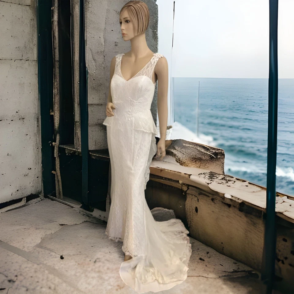 Vestido de noiva David's Bridal Galina marfim renda peplum botão para cima 8 - Imagem 1 de 4