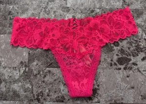 NEU MIT ETIKETT VICTORIA'S SECRET XS ROSA BLUMEN SCHNÜRUNG HINTEN STRETCH TANGA HÖSCHEN - Bild 1 von 4