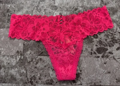 NWT VICTORIA'S SECRET XS PINK FLORAL LACE UP BACK STRETCH THONG PANTIES - Image 1 of 4