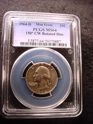 1964-D WASHINGTON QUARTER PCGS CERTIFIED MS--64  150 DEG ROTATED DIE ERROR! #164 - Image 1 of 4