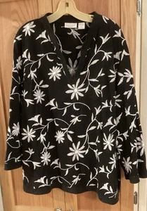 Blusa Pullover Top Tweeds Mujer Lino/Rayón Negra Con Diseño Floral Blanco XX - Imagen 1 de 4