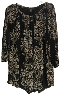 Lucky Brand 1X Black Tan Floral Round Neck Keyhole Pullover Blouse Tunic - Picture 1 of 10
