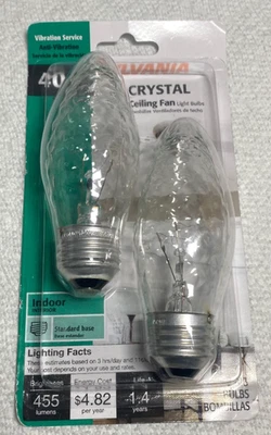 2 Sylvania 40 Watt B10 Crystal Ceiling Fan Bulbs Medium Base LIGHT BULB - Image 1 of 2