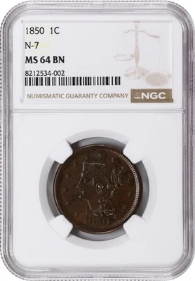 1850 Braided Hair Cent N-7 NGC MS-64 BN FREE FAST SHIPPING - Image 1 of 3