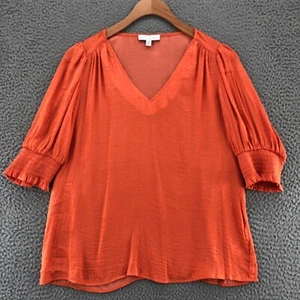 Maison DAmelie Top Womens Small Orange Smocked 1/2 Puff Sleeves V Neck Pullover - Picture 1 of 10