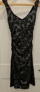 LAUNDRY by SHELLI SEGAL Cocktail Dress Fiitted Black/Silver Roush Lined UK10 VGC - Picture 1 of 11