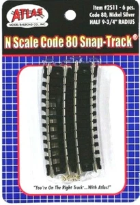 Spur N Atlas 2511 Code 80 9-3/4" Radius Halbkurve Schnappschiene Packung (6) - Bild 1 von 1