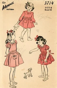 Vestido Advance 3714 Niño Pequeño con Mangas Abullonadas y Bolsillos Elegante Talla 4 CORTE COMPLETO 40s - Imagen 1 de 5