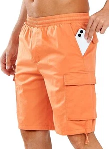 Mens Cotton Cargo Shorts 6 Pockets Elastic Waist Drawstring Work Casual - Picture 1 of 23