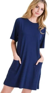 Yelete Short Sleeve T-Shirt Swing Dress w/ Pockets  Women's S,M,L Navy Blue - Picture 1 of 9