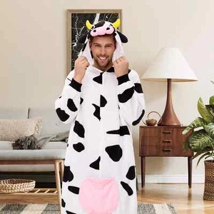 Cow Costume For Adult Men Soft Winter One-piece Hooded Pajamas Cosplay Jumpsuits - Picture 1 of 11