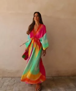 ZARA Abito Tie Dye Con Perline Taglia M/L Arcobaleno Maxi Edizione Limitata 7521/254 - Foto 1 di 19