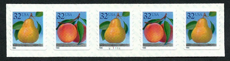USA, SCOTT # 2495B, MNH COIL STRIP OF 5 STAMPS PNC # V11111, PEACH AND PEAR 1995 - Image 1 of 1