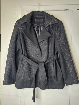 Chaqueta Giacca Mujer L NEGRA Mezcla Lana Cinturón Bolsillos Abrigo Abotonado Acogedor Cálido Foto 1 de 4