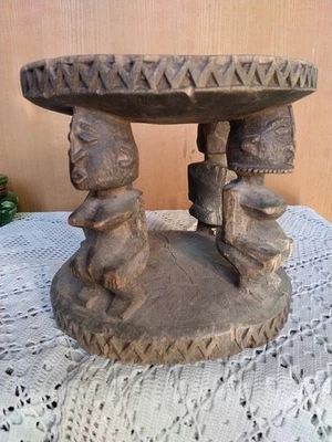Art Africain Arts Premiers Ancien Tabouret à Cariatides - Photo 1/4