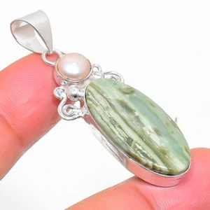 Green Lace Agate & Pearl 925 Silver Plated Handmade Pendant of 1.95" - Picture 1 of 3