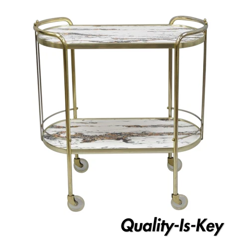 Vtg Mid Century Modern Brass Rolling Bar Tea Cart Table Laminate Faux Marble Top Cover